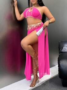 Fantasy Costume 3pcs/Set Sequined Tassel Skirt + Sexy Bra + Thong Underwear