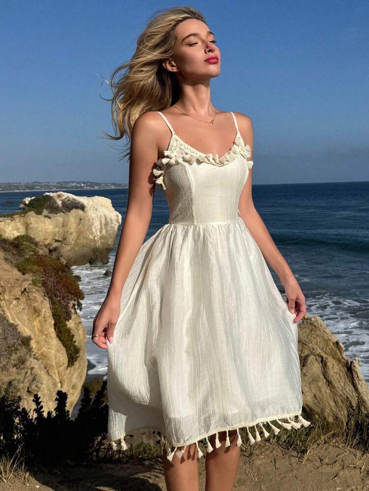 Summer New Stylish Vintage Exotic Print Tassel Decoration Strap Patchwork Dress Cruise Outfit For Women Boho