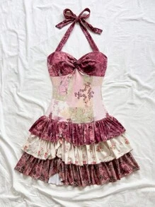 Soleia 女士度假弹力仙女褶皱罩杯褶饰挂脖系带蝴蝶结多层蛋糕下摆迷你连衣裙，可作为内搭或外搭 - 彩色 - 查看 3