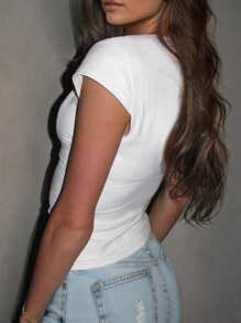 INAWLY Women's Summer Fashion Contrast Lace Solid Color Slim Fit V-Neck T-Shirt - White - View 2