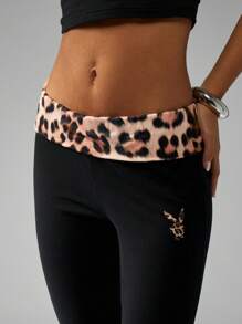 Missguided x Playboy 豹纹腰带瑜伽裤高腰喇叭裤舞蹈工作室休闲服秋冬时尚 Y2K 复古喇叭裤日常休闲装 - 黑色 - 查看 4