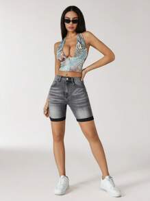 Jeanoix Shorts vaqueros ajustados de verano con bolsillo y ribete de color contrastante - Gris - Ver 3