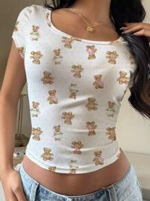SHEIN EZwear Casual Polka Dot Bear Print Crew Neck Cap Sleeve Fitted Women T-Shirt, Suitable For Summer Pullover Suitable For Going Out - Multicolor - View 3