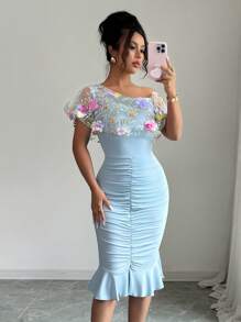 Modelyn Women's Knit Patchwork Chiffon Embroidered Asymmetrical Design Draped Summer Dress - Blue - View 4