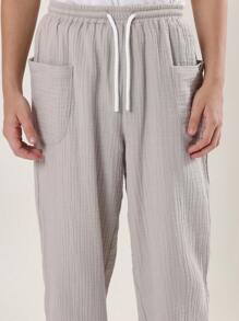 SUMWON 舒适棉质抽绳裤 儿童休闲沙滩度假装 春夏宽松轻便长裤 - 淺灰色 - 查看 7