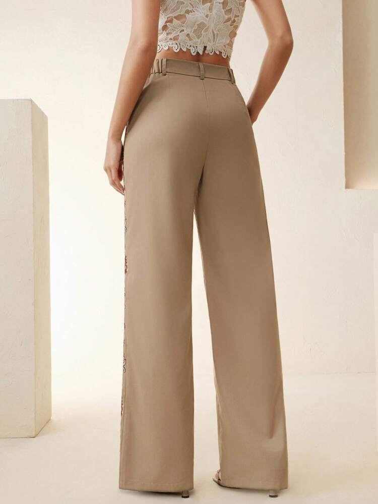 High Quality Fashion Standard Size Women's Vintage Elegant Side Embroidered Design Straight Leg Dress Pants