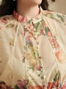 Anewsta Plus Size Boho Floral Print Long Dress With Extra Long Sleeves And Stand Collar - Apricot - View 1