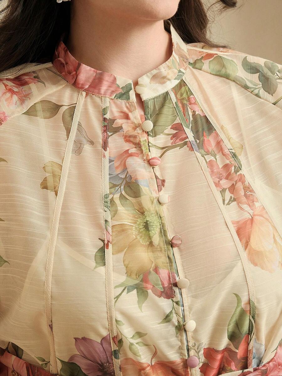 Anewsta Plus Size Boho Floral Print Long Dress With Extra Long Sleeves And Stand Collar - Apricot - View 1