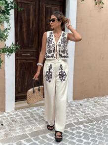 SHEIN Frenchy 2件套女士度假休闲印花背心和裤子套装 - 杏色 - 查看 4