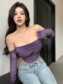 DAZY 扎染透明网眼短款露肩长袖女式上衣外出上衣节日夏季 - 紫色 - 查看 7