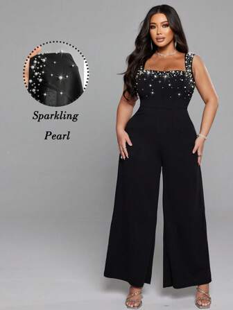 NU&NOW 加大码优雅性感派对连体裤，修身吊带背心，饰有华丽珍珠装饰，修身