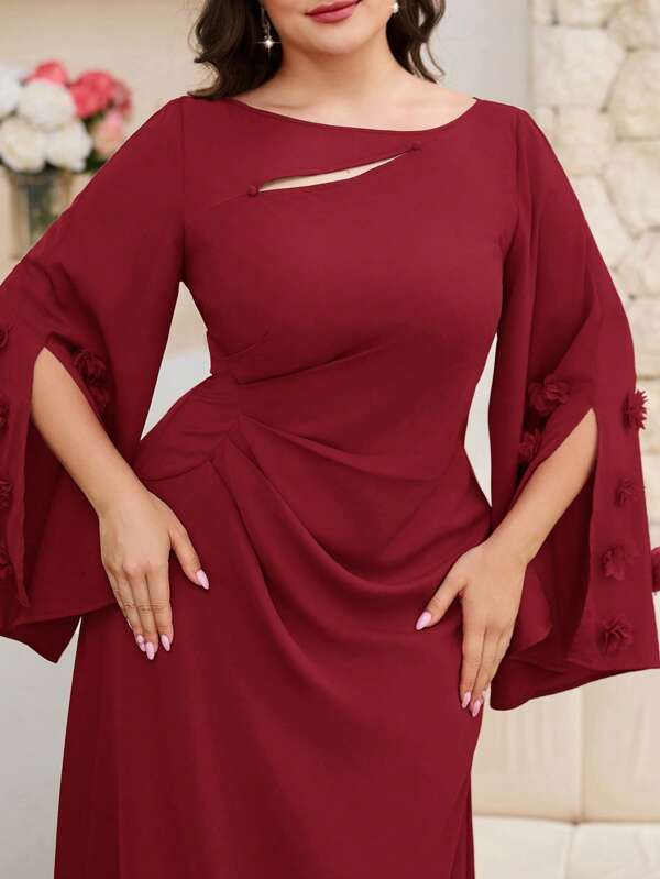 Modelyn 大码女式优雅纯色3D花朵披肩袖阿拉伯连衣裙