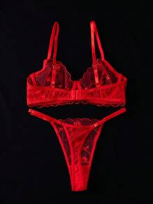 SHEIN Elegant Sheer Embroidered Push Up Bra And Panty Lingerie Set For Plus Sizes, Lift - Red - View 2