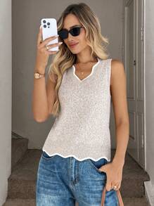 Easowa Áo len không tay cổ lượn sóng phối màu tương phản dành cho nữ, kiểu dáng thường ngày, thích hợp mặc mùa xuân, hè, đi chơi. - Màu be - Xem 5