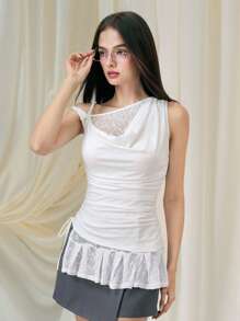 SHEIN MOD Blusa sin mangas asimétrica de encaje blanco romántica 2 en 1 para mujer, ideal para verano, vacaciones, playa, cumpleaños, brunch, elegante - Blanco - Ver 3