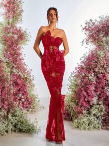 Glamrae 优雅的黑色和红色手工 3D 花卉 V 领无袖褶饰长款正式晚礼服 - 酒紅色 - 查看 3