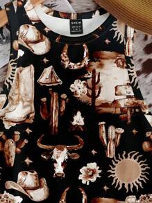 SHEIN EZwear 休闲简约波西米亚风和节日风格，棕色涂鸦印花紧身圆领背心，适合夏季