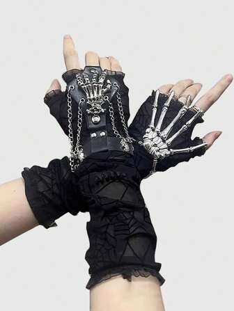 Grunge Punk 1 par de manguitos de estilo gótico punk con diseño de telaraña, pulsera de calavera y guantes de encaje - Conjunto de accesorios de Halloween
