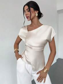 Firerie 新款香槟色缎面褶皱修身优雅衬衫，真丝质感上衣/适合工作和休闲穿着/夏装/可爱的夏季上衣/节日服装/女士教师装/女士夏装/办公室商务装 - 杏色 - 查看 4