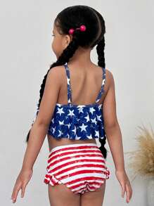 SHEIN 2pcs Set Young Girl Knitted Starry Ruffle Trim Tankini Swimsuit & Shorts - Blue - View 2