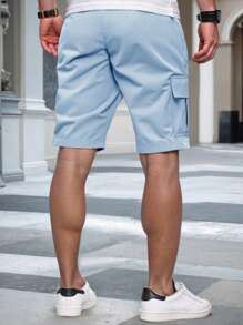 Manfinity LEGND 男士纯色松紧腰抽绳口袋实用工作短裤。男士浅蓝色工装短裤男士休闲短裤男士街头潮流短裤男士夏季短裤浅蓝色男士短裤。送给男朋友或丈夫的绝佳礼物。 - 藍色 - 查看 2