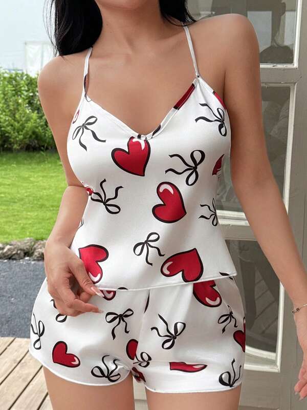 SHEIN Faux Silk Heart & Bow Decor Cami Shorts Pajama Set