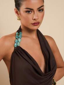 COSMINA Women's Solid Color Draped Neck Stone Linked Bodycon Dress - Brown - View 3