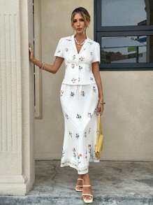 SHEIN Frenchy Women All White Floral Print Short Sleeve Top And Mini Skirt Casual Two Pieces Set White Floral Dress Women White Midi Dress Summer Midi Dress White Summer Dress Embroidered Floral Dress