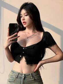 DAZY 女士单排扣短袖T恤外出上衣夏季，短款上衣女款 - 黑色 - 查看 7