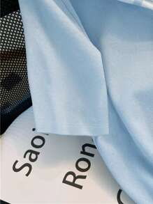 INAWLY 大码休闲简约拼色短袖T恤，适合日常通勤 - 藍色 - 查看 3