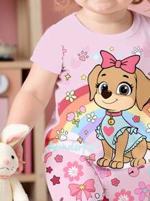 SHEIN 粉色可爱小狗印花，彩虹蝴蝶结花卉印花，女婴休闲简约贴身圆领短袖裤睡衣套装，适合夏季 - 彩色 - 查看 3