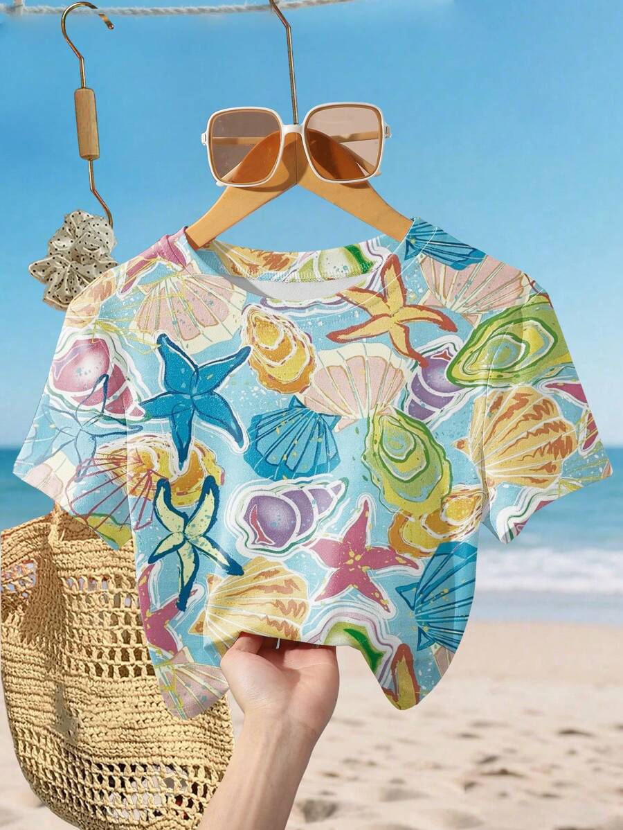 Áo thun nữ tay ngắn in kỹ thuật số Vogue Ocean mùa hè, họa tiết vỏ sò nhiệt đới xanh Bali và sao biển - Màu xanh bạc hà - Xem 1