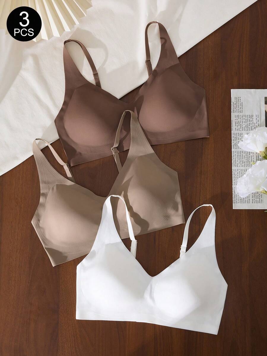 3pcs/Set Women Seamless Wireless Comfort Bra, Minimalist Solid Color