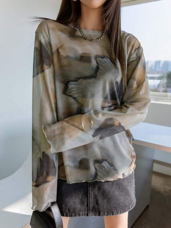 DAZY Tie Dye Drop Shoulder Mesh Top Without Bandeau Sheer Long Sleeve Women Tops