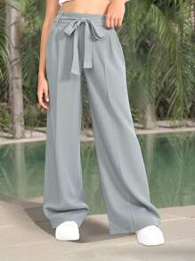 SHEIN 纯色腰带折叠褶裥裤，优雅阔腿裤 - 灰色 - 查看 3