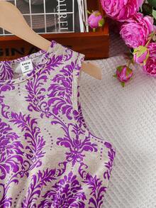 Tween Girl Retro Print 2 In 1 Jumpsuit, Vacation Style - Purple - View 4