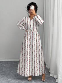 Modelyn Women's Floral Print Notched Neck Elegant Long Sleeve Dress - White - View 1