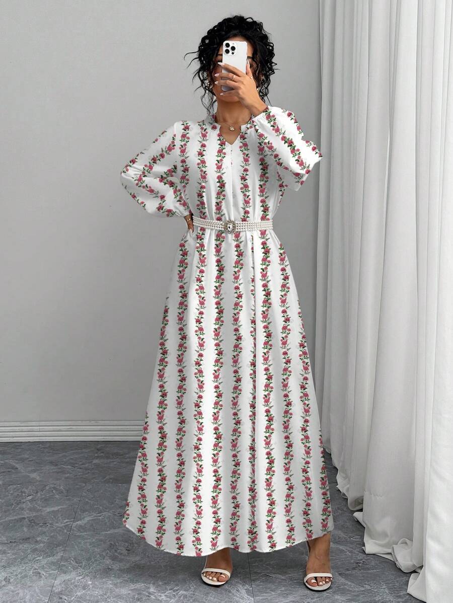 Modelyn Women's Floral Print Notched Neck Elegant Long Sleeve Dress - White - View 1