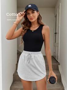 SHEIN LUNE Women's Drawstring Elastic Waistband Skirt With Pocket And Inner Liner Cloth, Comfortable For Vacation And Sporty Casual Outfits In Summer