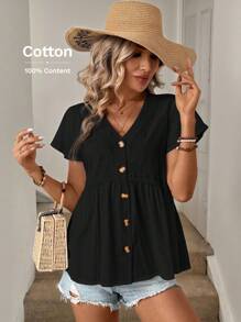 SHEIN LUNE 夏季女士V領荷葉邊褶皺波浪袖A線上衣，休閒和假日風格，純棉扣緊襯衫 - 黑色 - 查看 5