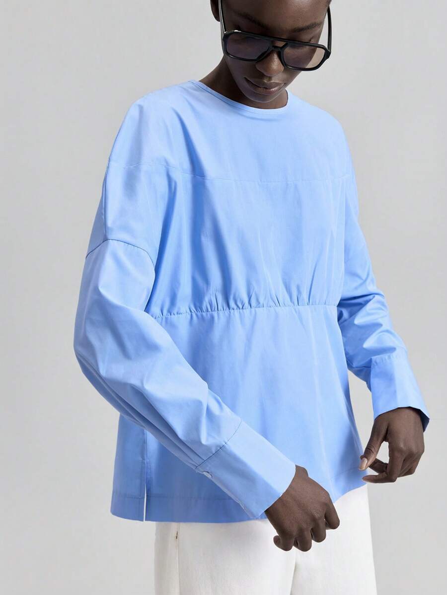 Ontre 2025 Autumn Solid Color Round Neck Casual Long Sleeve Shirt, Suitable For Holiday, Beach, Party, All-Match, Festival, Social, Women's Party, Versatile, Daily Commute, Music Festival, Business Casual, Office, School Wear - Blue - View 1