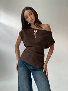 Aloruh 女士纯色不对称领短袖衬衫，优雅夏日