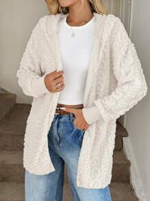 Easowa 女士连帽菱形提花纹理双面羊毛休闲通勤优雅外套，适合日常穿着，秋冬 - 杏色 - 查看 6