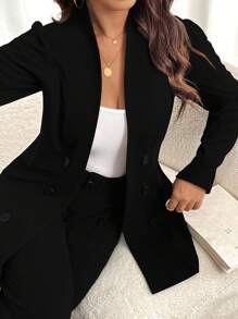 SHEIN Clasi Women's Simple Office Lady Style Long Sleeve Jacket & Pocket Design Pants Suit Set, Versatile For Commuting Fall Cloth For Women - Black - View 3