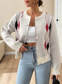 EURMUSE Women Geometric Printed Jaquard Cardigan With Button,Long Cardigans Woman,Petite Cardigans,Cardigans - Multicolor - View 2