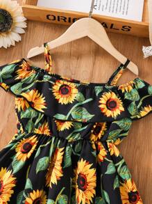Vestido sin mangas con hombros descubiertos y estampado de flores de gasa para niñas jóvenes