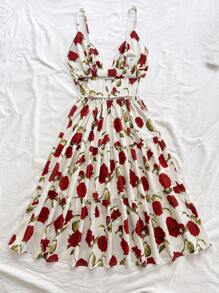 Soleia Vestido de tirantes finos con escote en V, espalda descubierta y largo medio para vacaciones de mujer. Vestido de mujer con estampado retro de parches de colores, para uso de verano.