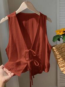 Comfortcana Áo sơ mi không tay buộc dây phía trước màu trơn đơn giản dành cho nữ - màu nâu - Xem 6