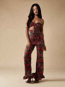 MISSGUIDED Floral Leopard Print Jumpsuit Strapless Wide Leg Party Evening Wedding Guest Summer Vacation Resort Wear Women Flare Pants Bell Bottom - Red - View 1