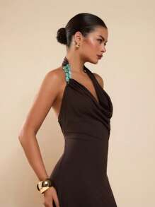 COSMINA Women's Solid Color Draped Neck Stone Linked Bodycon Dress - Brown - View 4